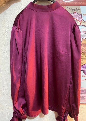 Bordo Yüksek Yakalı Kemerli Kadın Bluz - Görsel 3