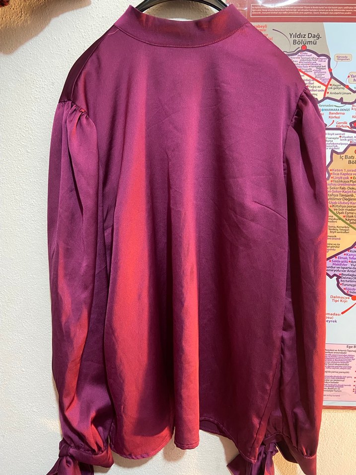 Bordo Yüksek Yakalı Kemerli Kadın Bluz - Görsel 3