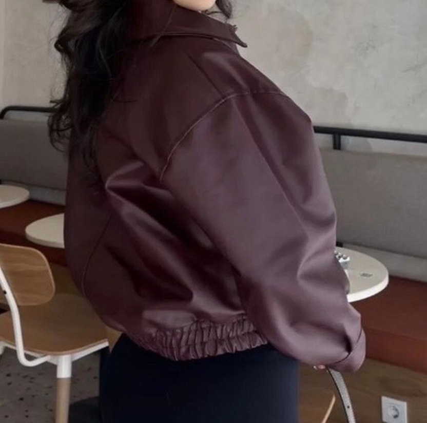 Kahverengi Deri Kadın Ceket - Görsel 3