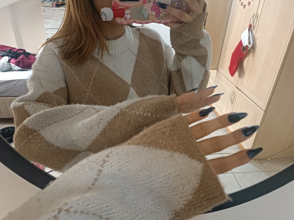 Bej Ekose Desenli Balıkçı Yaka Triko Kazak - Görsel 2