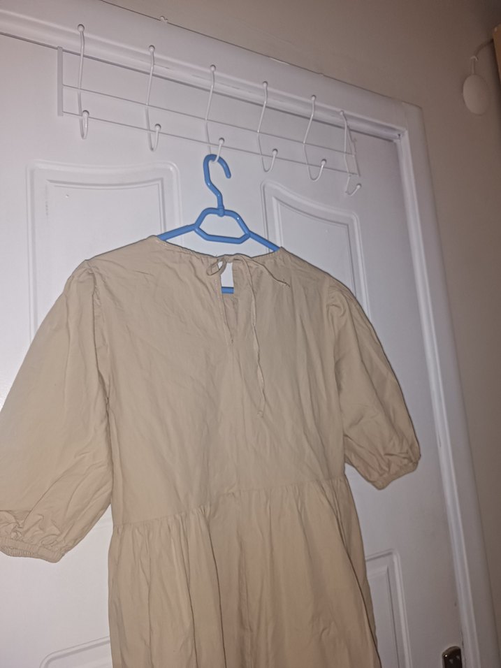 Bej Keten Midi Elbise, Kısa Kollu, Salaş Kesim - Görsel 4