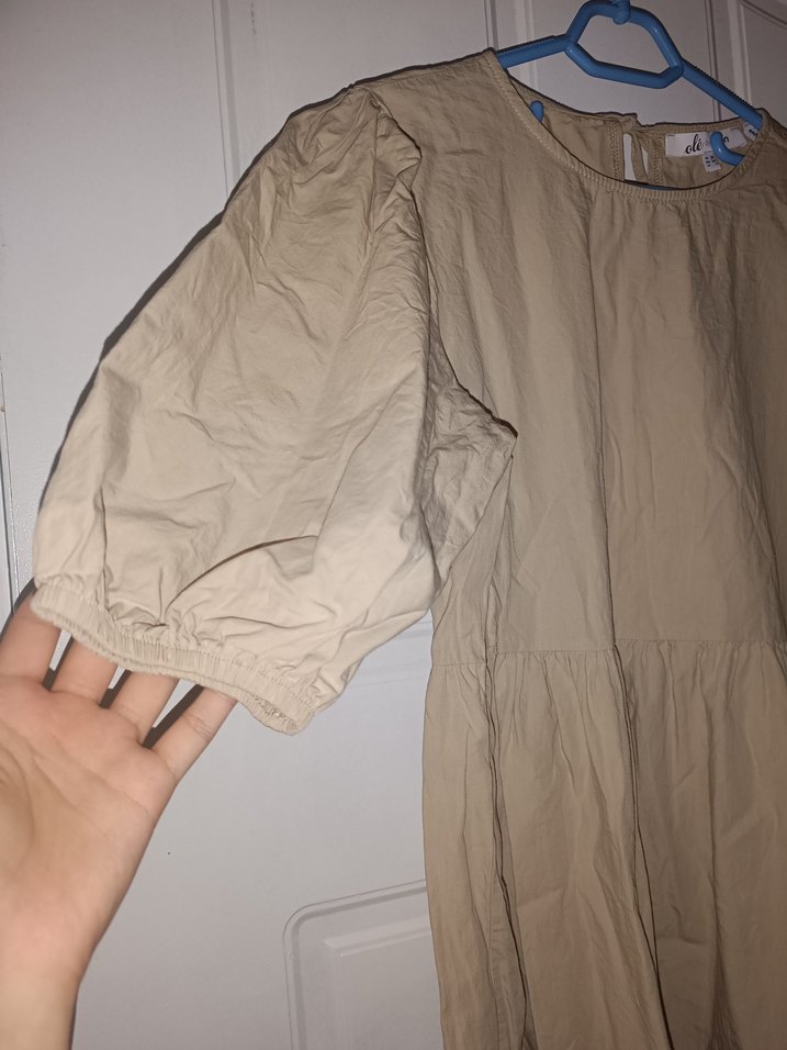 Bej Keten Midi Elbise, Kısa Kollu, Salaş Kesim - Görsel 3