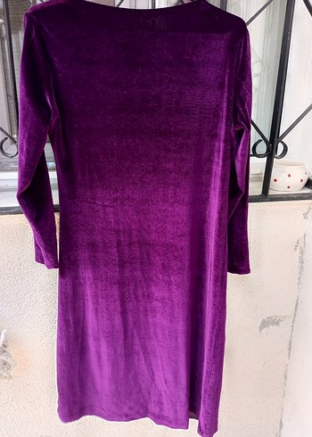 Mor V Yaka Drapeli Uzun Kollu Midi Elbise - Görsel 3