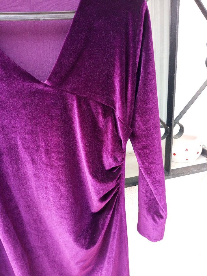 Mor V Yaka Drapeli Uzun Kollu Midi Elbise - Görsel 2