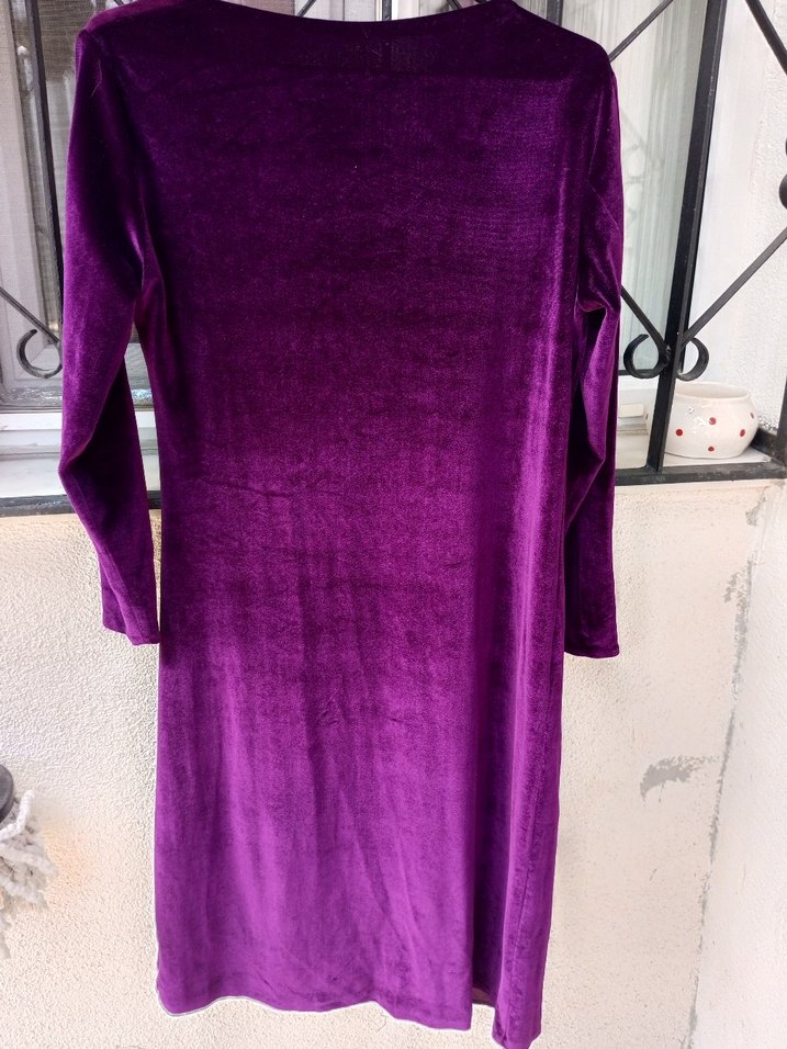 Mor V Yaka Drapeli Uzun Kollu Midi Elbise - Görsel 3