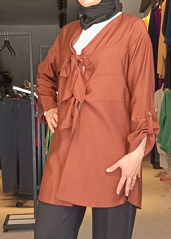 Diger V Yaka Kahverengi Midi Tunik