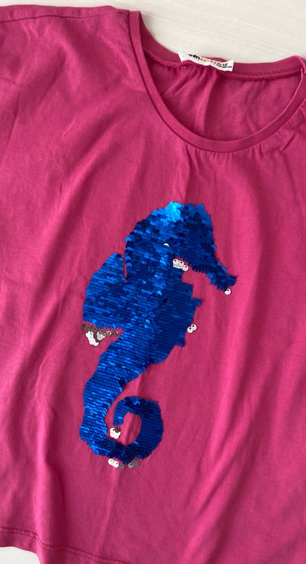 Kız Çocuk Pullu Kısa Kollu Pembe Tişört - Görsel 4