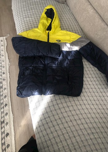 Sarı Lacivert Kapüşonlu Erkek Mont