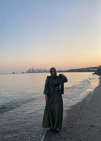 44 Beden Kadın Haki Uzun Drapeli Elbise