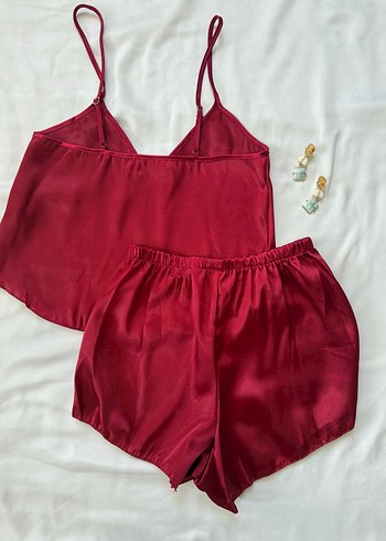 s Beden bordo Renk Bordo Saten Mini Askılı Şortlu Kadın Pijama