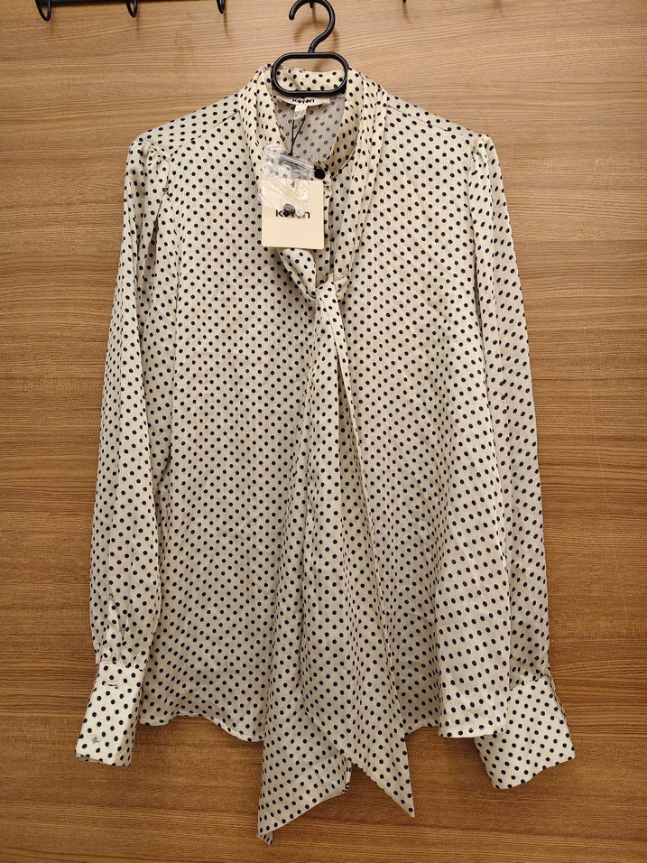 Puantiye Desenli V Yakalı Uzun Kollu Bluz - Görsel 3