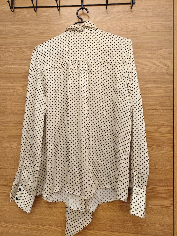 Puantiye Desenli V Yakalı Uzun Kollu Bluz - Görsel 4