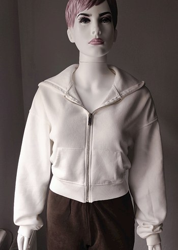 Diğer Kadın Beyaz Kapüşonlu Fermuarlı Sweatshirt