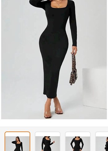 Siyah Midi V Yaka Uzun Kollu Elbise - Görsel 3