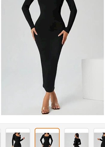 Siyah Midi V Yaka Uzun Kollu Elbise - Görsel 2