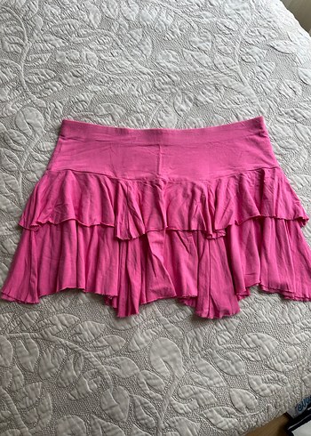 Pembe Fırfırlı Keten Mini Etek