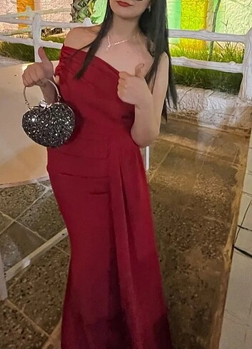 Kırmızı tek kol abiye - Görsel 5