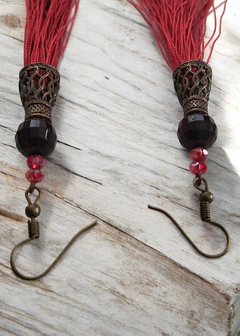 Uzun Püsküllü Kırmızı Bohem Küpe - Görsel 3