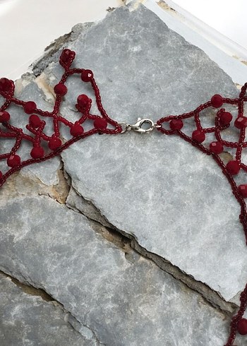 Bordo İşlemeli Boncuklu Bohem Kolye - Görsel 2