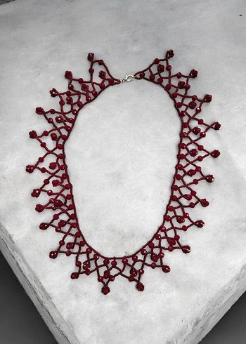 Bordo İşlemeli Boncuklu Bohem Kolye - Görsel 5