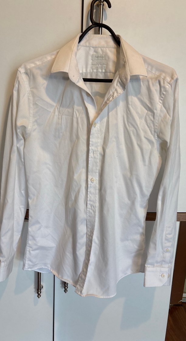 Beyaz Keten Erkek Gömlek, Uzun Kollu, Düğmeli - Görsel 2