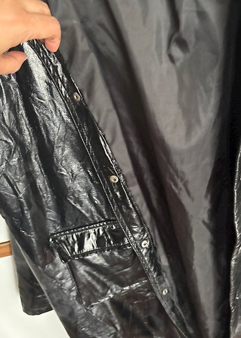 Siyah Deri Midi Boy Düğmeli Ceket - Görsel 4