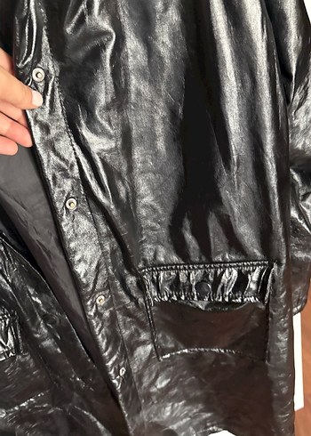 Siyah Deri Midi Boy Düğmeli Ceket - Görsel 3