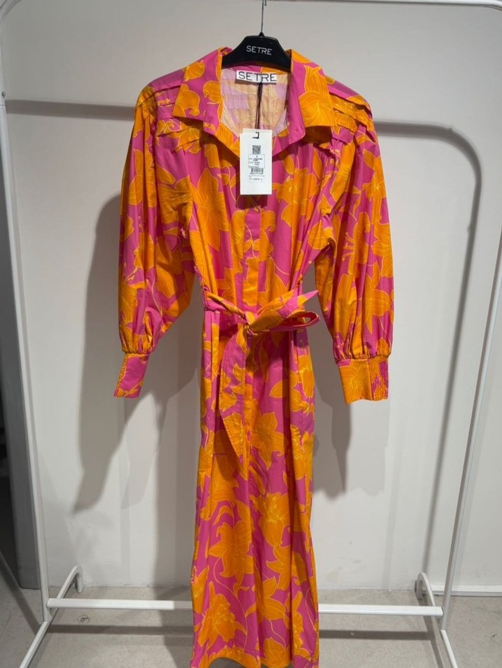 Pembe Sarı Desenli Uzun Bohem Elbise - Görsel 2