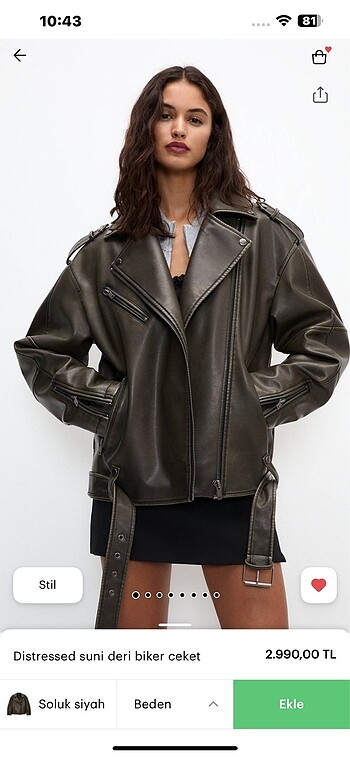 Distressed suni deri biker ceket