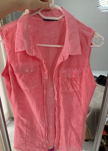 Pembe Keten Düğmeli Kolsuz Gömlek