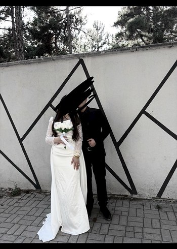 m Beden Uzun Kollu Straplez Beyaz A-Line Gelinlik