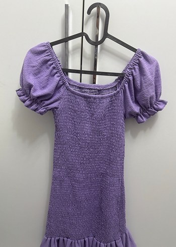 Mor Midi Elbise, Fırfırlı, Kısa Kollu - Görsel 2