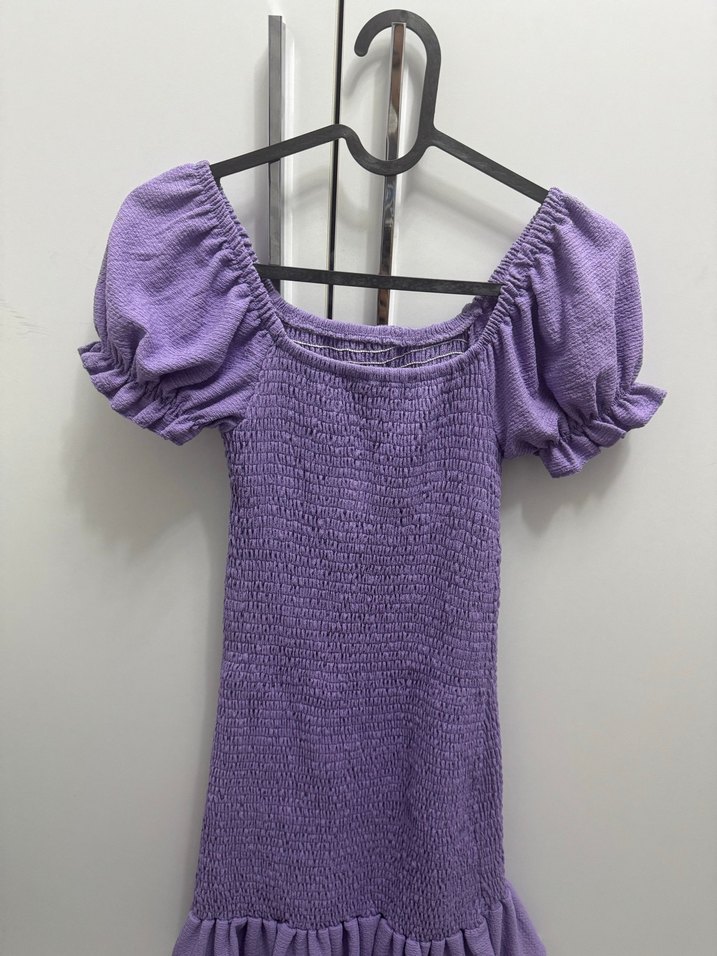 Mor Midi Elbise, Fırfırlı, Kısa Kollu - Görsel 2