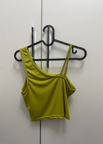 Yağ Yeşili Drapeli Tek Omuz Crop Atlet - Görsel 2