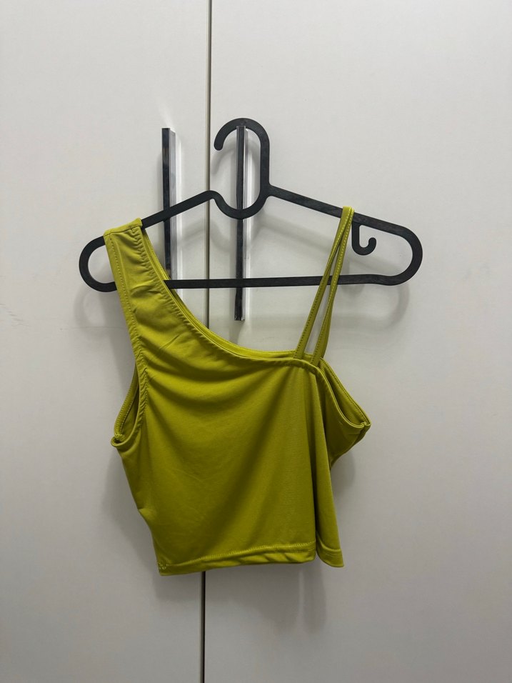 Yağ Yeşili Drapeli Tek Omuz Crop Atlet - Görsel 2