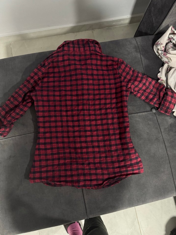 Kadın Kırmızı Kareli Düğmeli Gömlek - Görsel 3