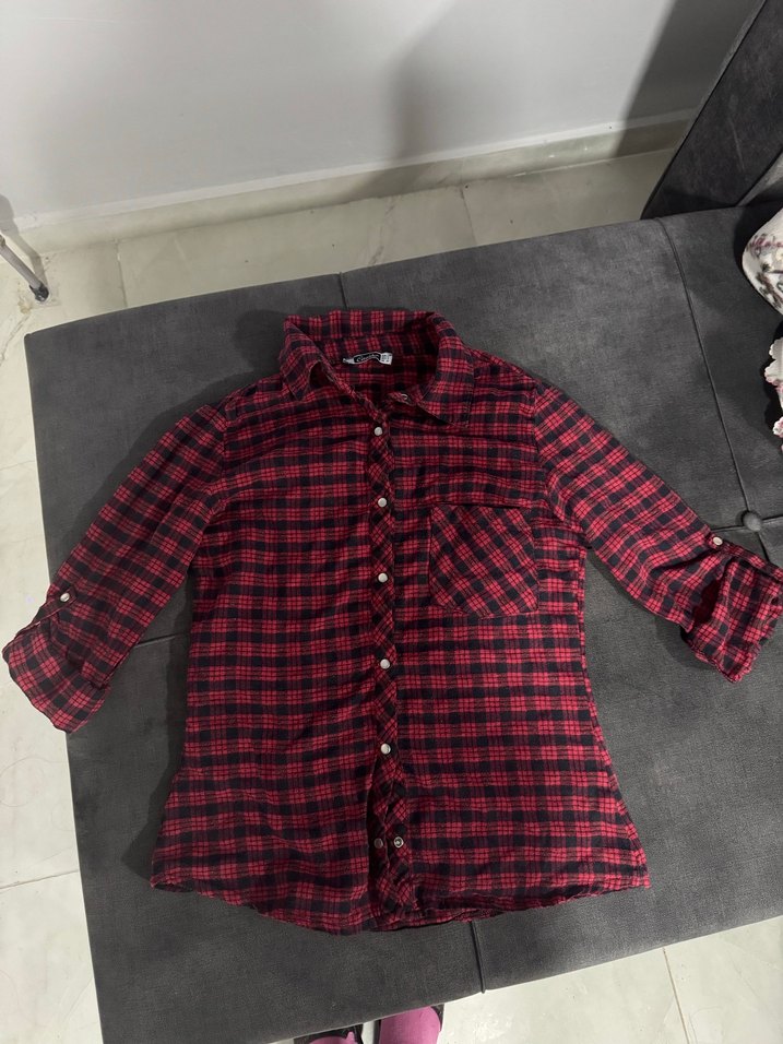 Kadın Kırmızı Kareli Düğmeli Gömlek - Görsel 2