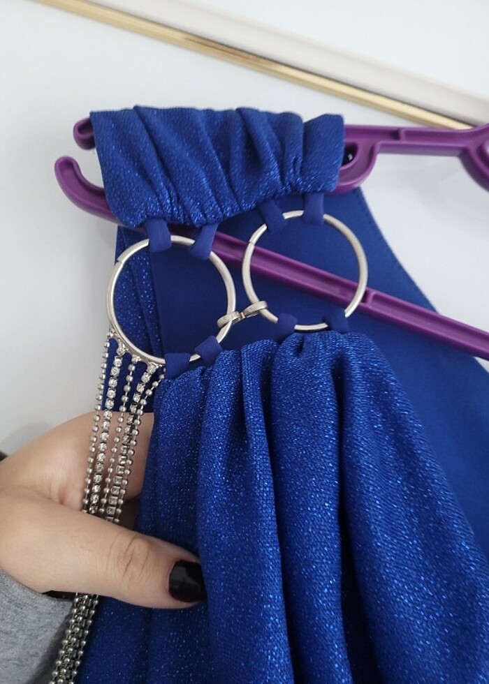 Lacivert simli likralı yırtmaçlı uzun elbise  - Görsel 2