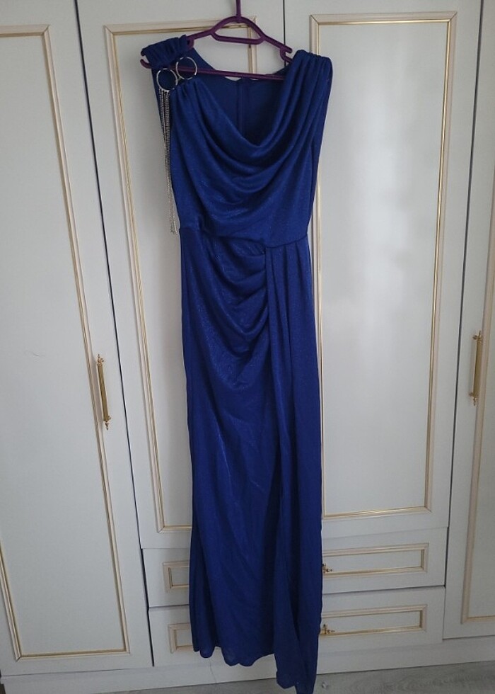 Lacivert simli likralı yırtmaçlı uzun elbise  - Görsel 3