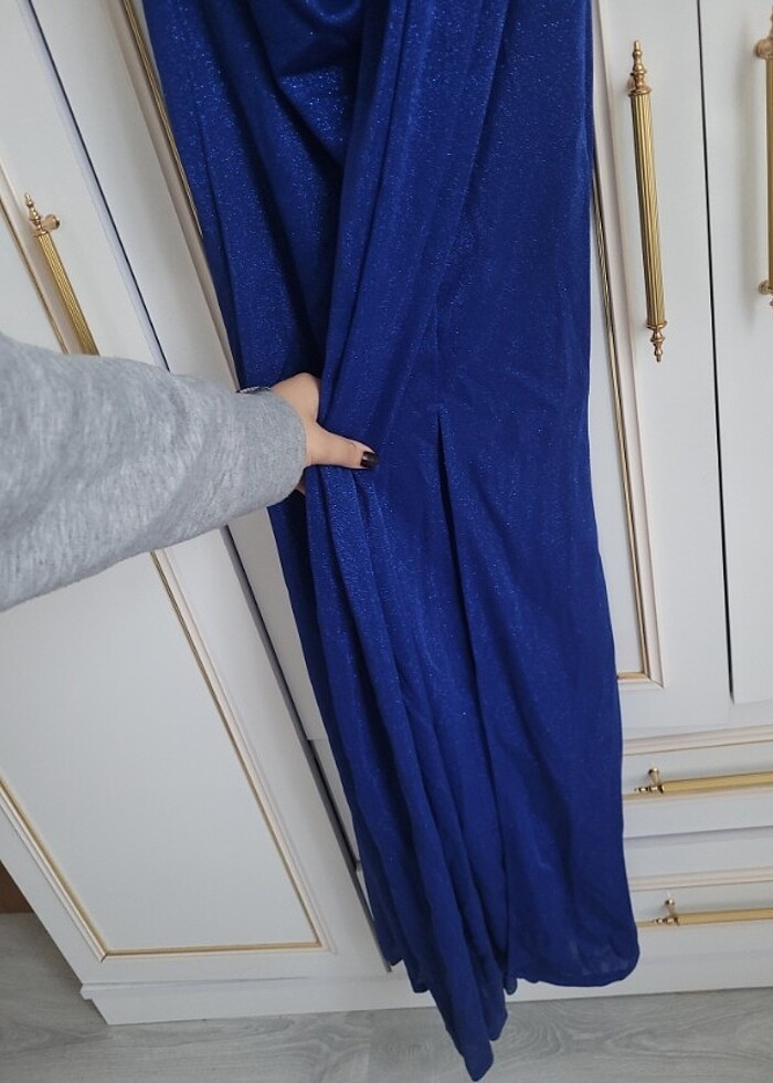 Lacivert simli likralı yırtmaçlı uzun elbise  - Görsel 4