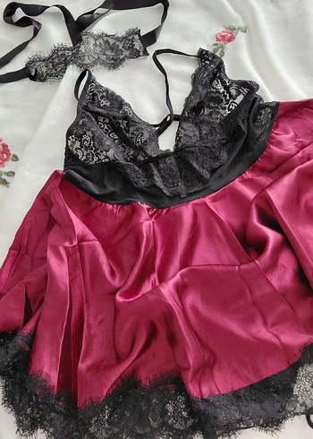 Diğer Bordo Dantelli Gotik Askılı Midi Gecelik