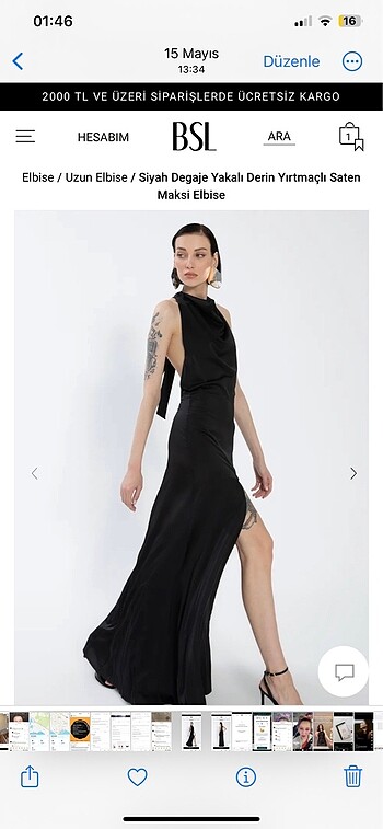 BSL FASHION Bsl marka siyah boyundan bağlamalı yırtmaçlı saten elbise
