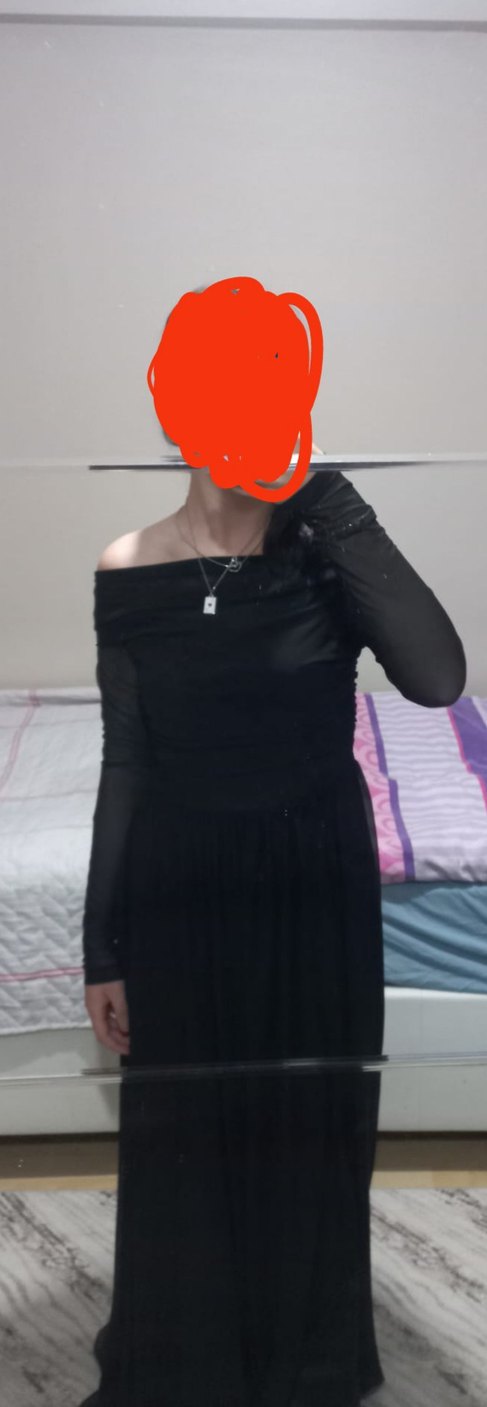 tül kol siyah uzun içi saten dışı tül abiye - Görsel 2