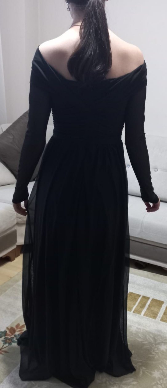 tül kol siyah uzun içi saten dışı tül abiye - Görsel 3