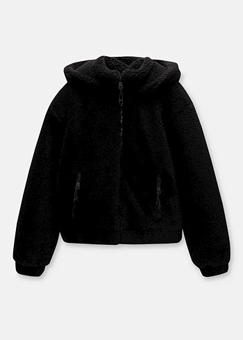 Siyah Kapüşonlu Peluş Kadın Ceket