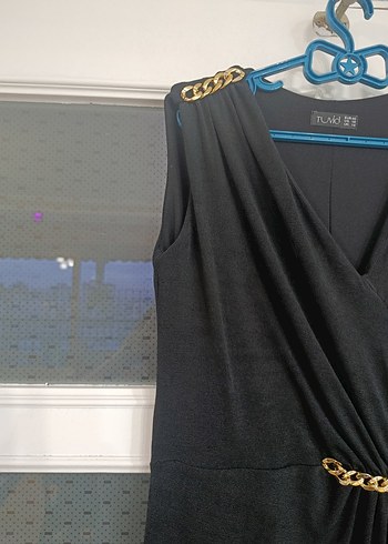 Siyah Drapeli Uzun Klasik Ofis Elbisesi - Görsel 5