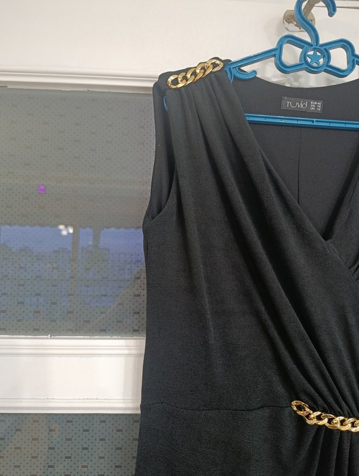 Siyah Drapeli Uzun Klasik Ofis Elbisesi - Görsel 5