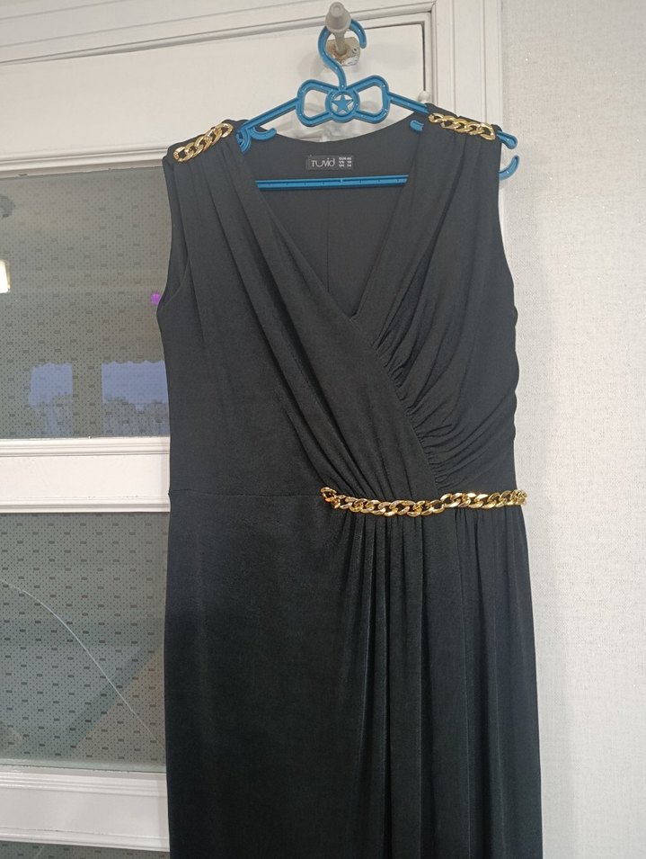 Siyah Drapeli Uzun Klasik Ofis Elbisesi - Görsel 2