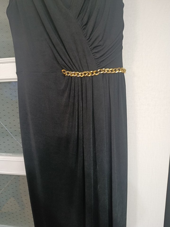 Siyah Drapeli Uzun Klasik Ofis Elbisesi - Görsel 4