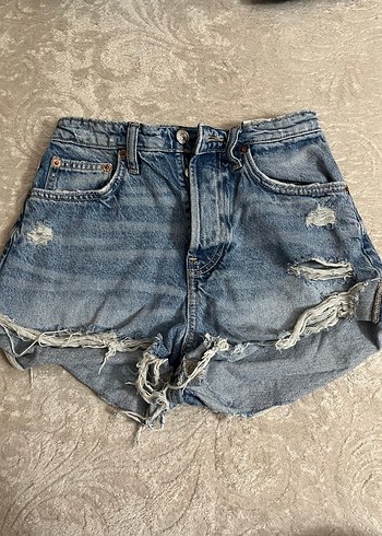 Yırtık Detaylı Bağcıklı Mavi Kot Şort - Görsel 2